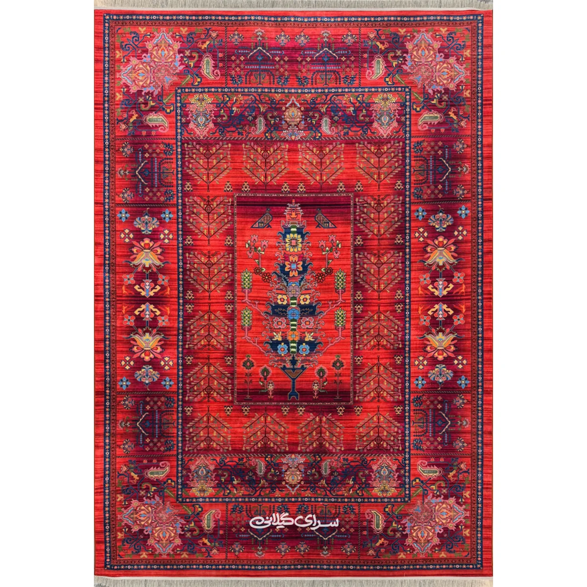 فرش ماشینی قرمز لاکی ابریشم بوم 1200 شانه تراکم 3600 کد 100100