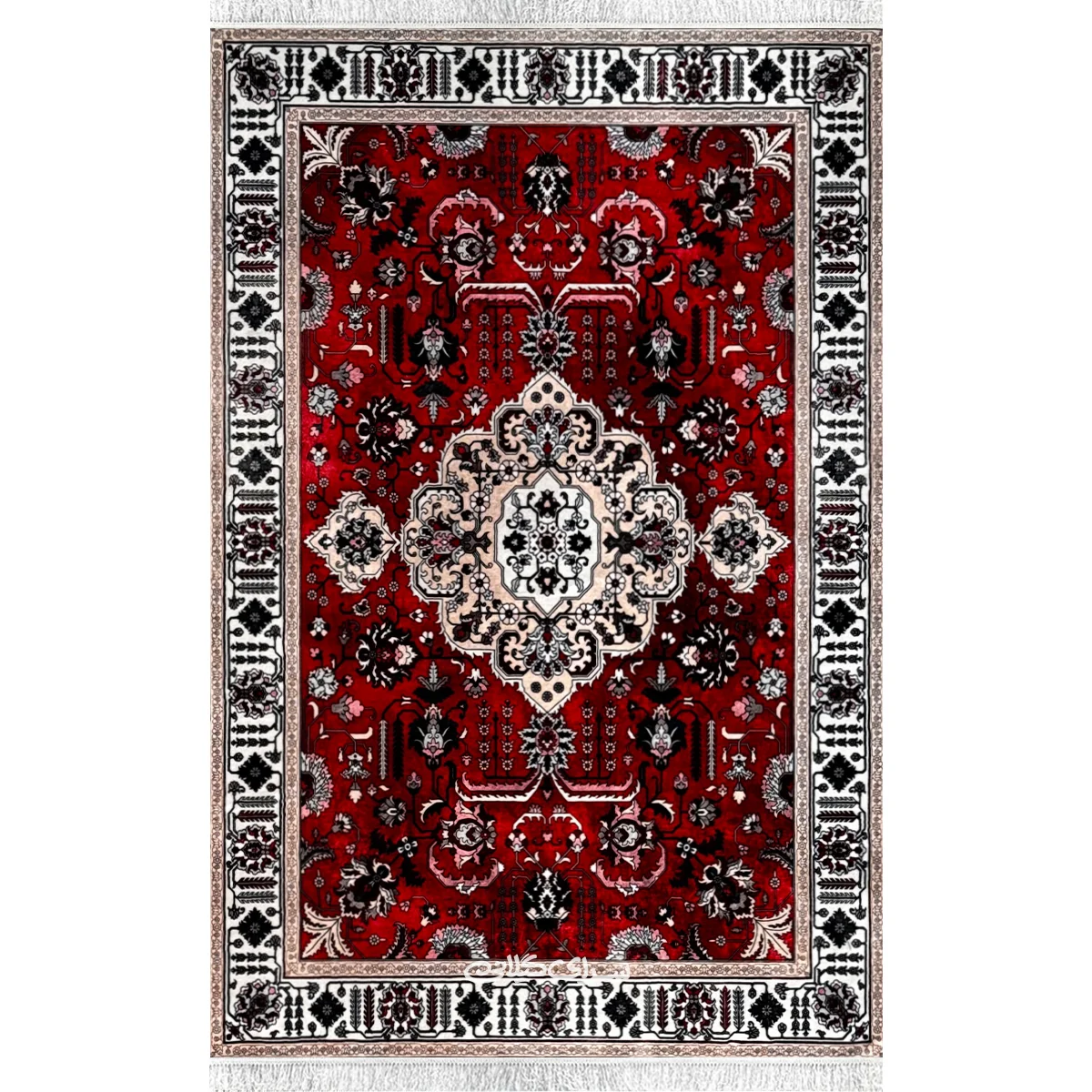 فرش ماشینی قرمز کرم ابریشم بوم 1200 شانه تراکم 3600 کد 100152
