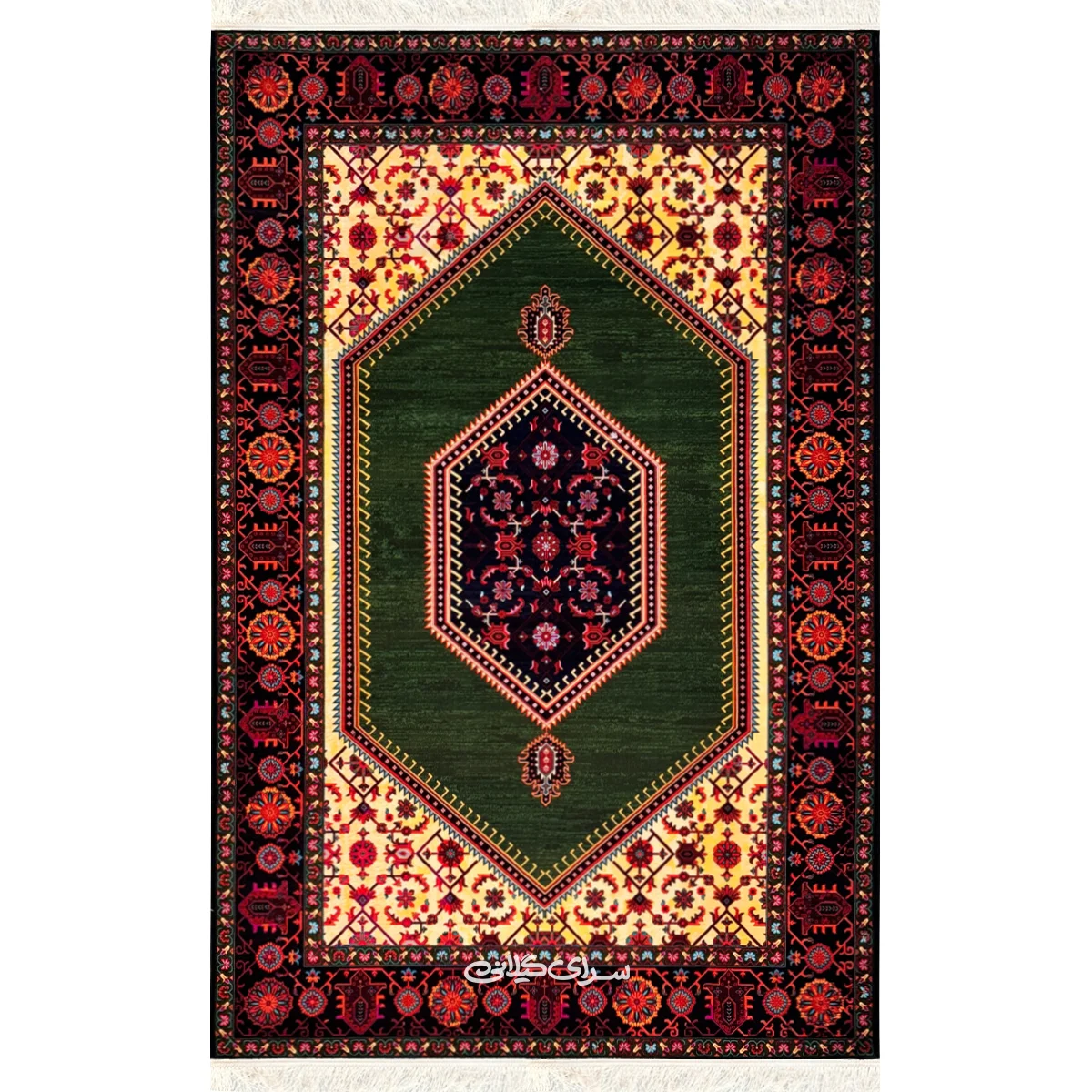 فرش ماشینی سبز و لاکی ابریشم بوم 1200 شانه 80 رج دستباف کد 100169