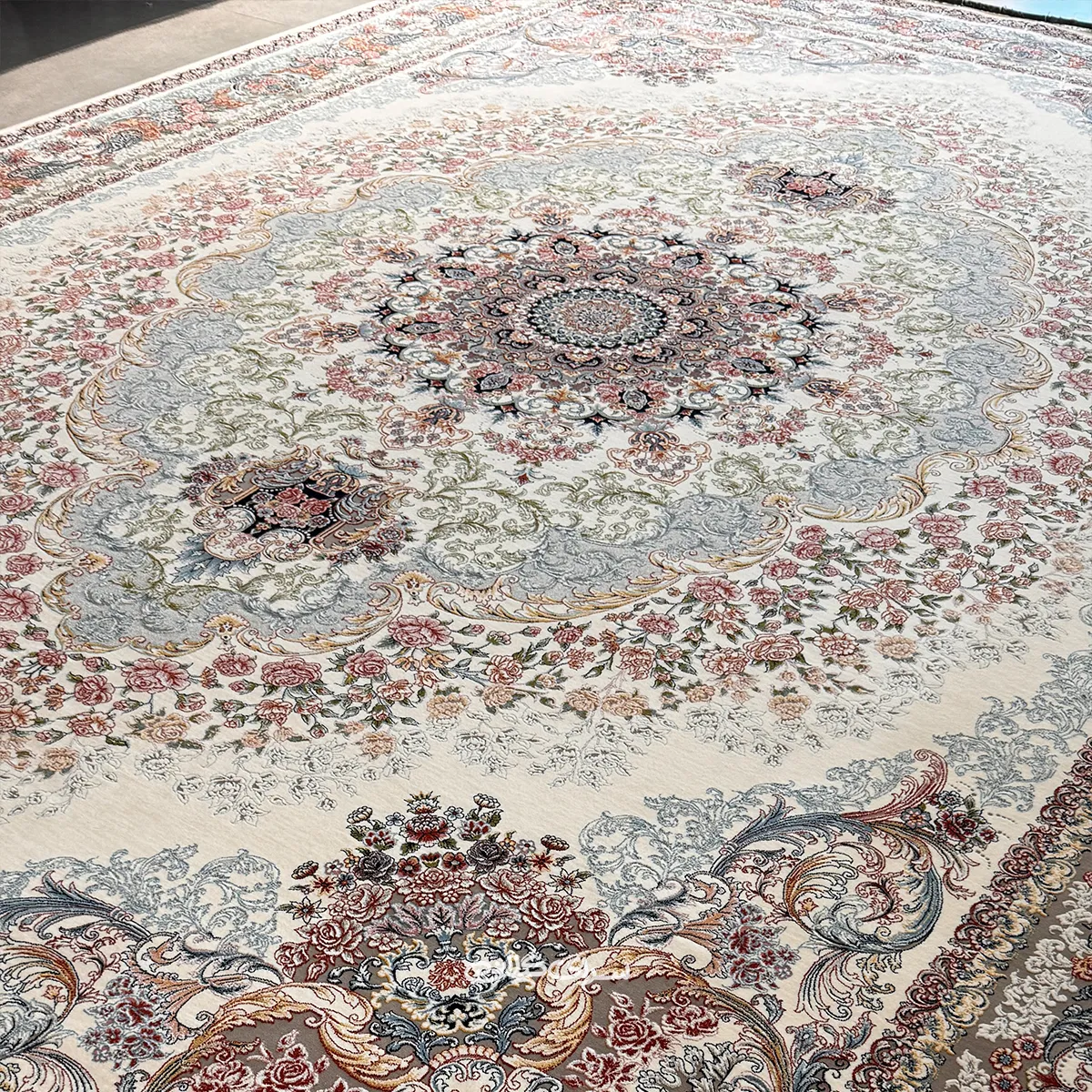 فرش ماشینی شاهکار صفوی کرم ساتراپی 1200 شانه تراکم 3600 کد 100188