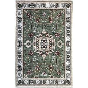 فرش ماشینی ابریشم بوم کرم سبز 1200 شانه تراکم 3600 کد 100208
