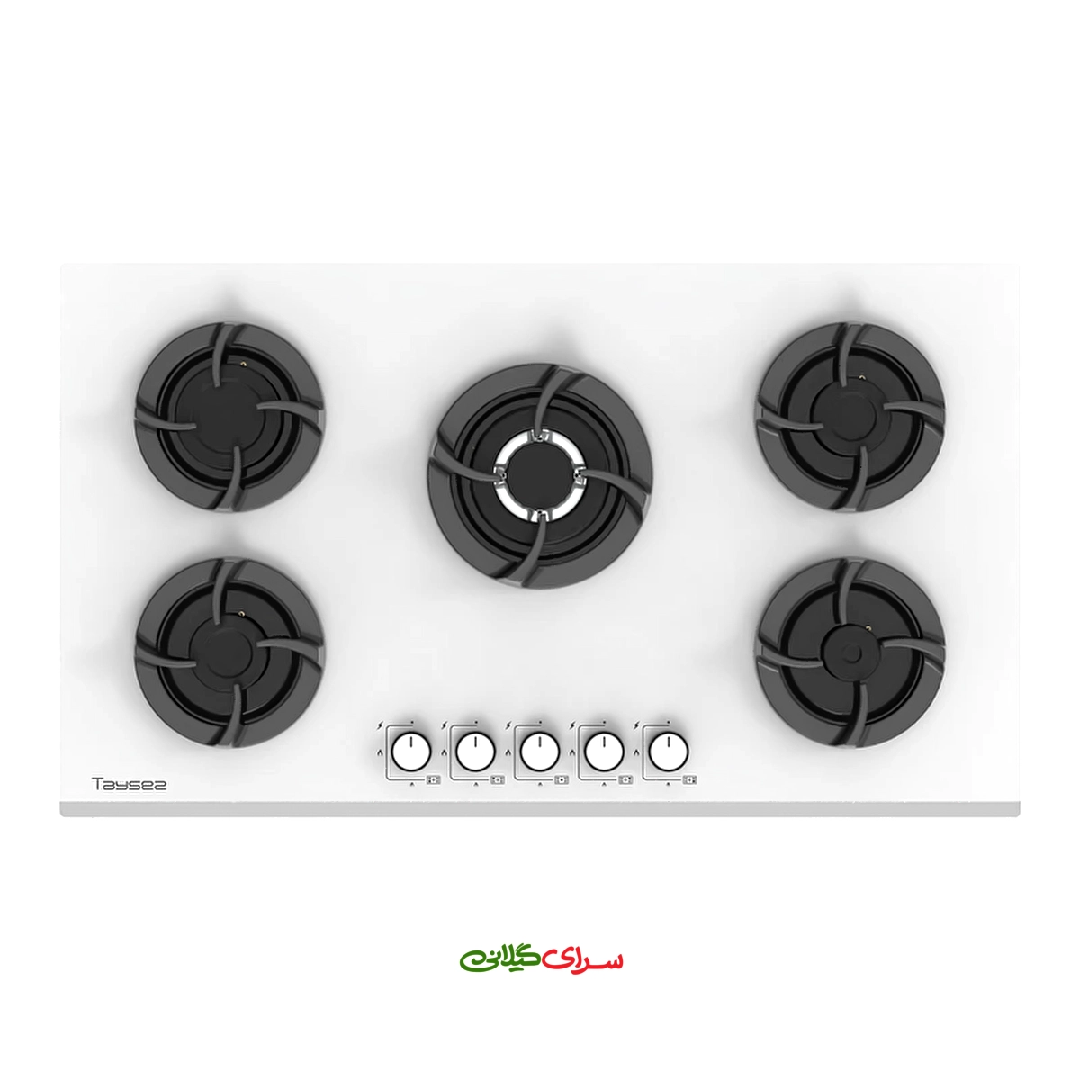 اجاق گاز 5 شعله صفحه‌ای شیشه‌ ای ولوم دار سفید تایسز مدل HG-1909