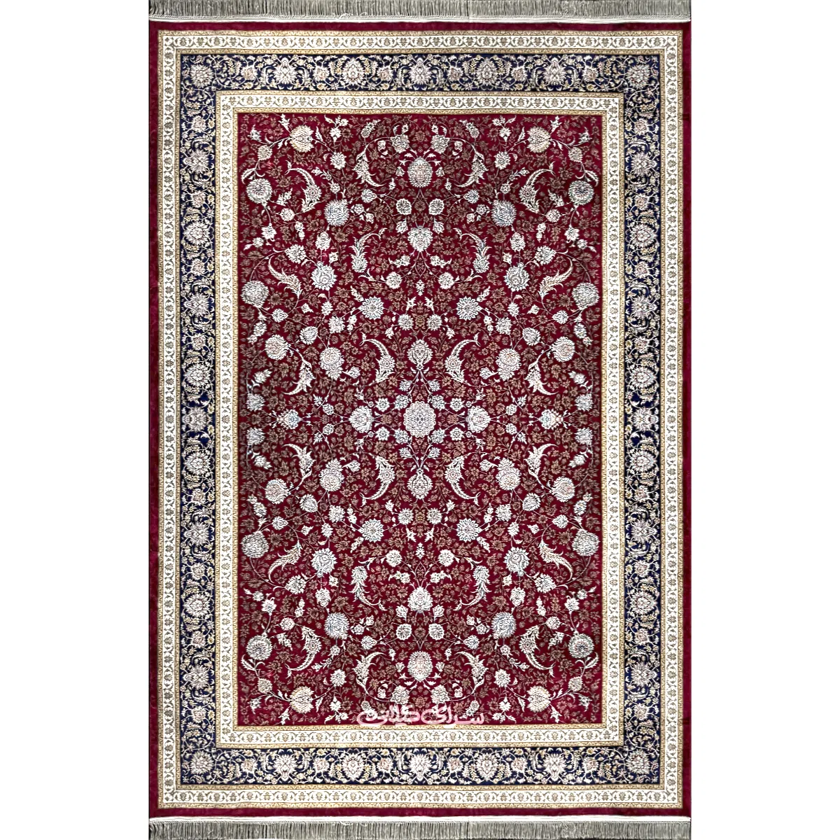 فرش ماشینی سرمه ای لاکی ابریشم 1200 شانه تراکم 3600 کد 100365