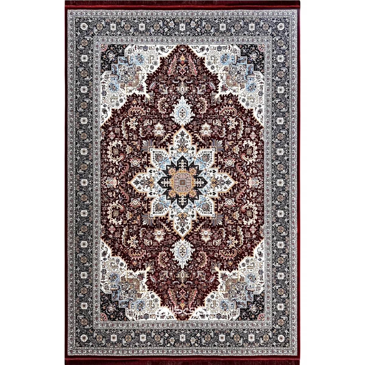 فرش ماشینی هریس زمینه لاکی ایلیا نگین 700 شانه تراکم 2550 کد 100272