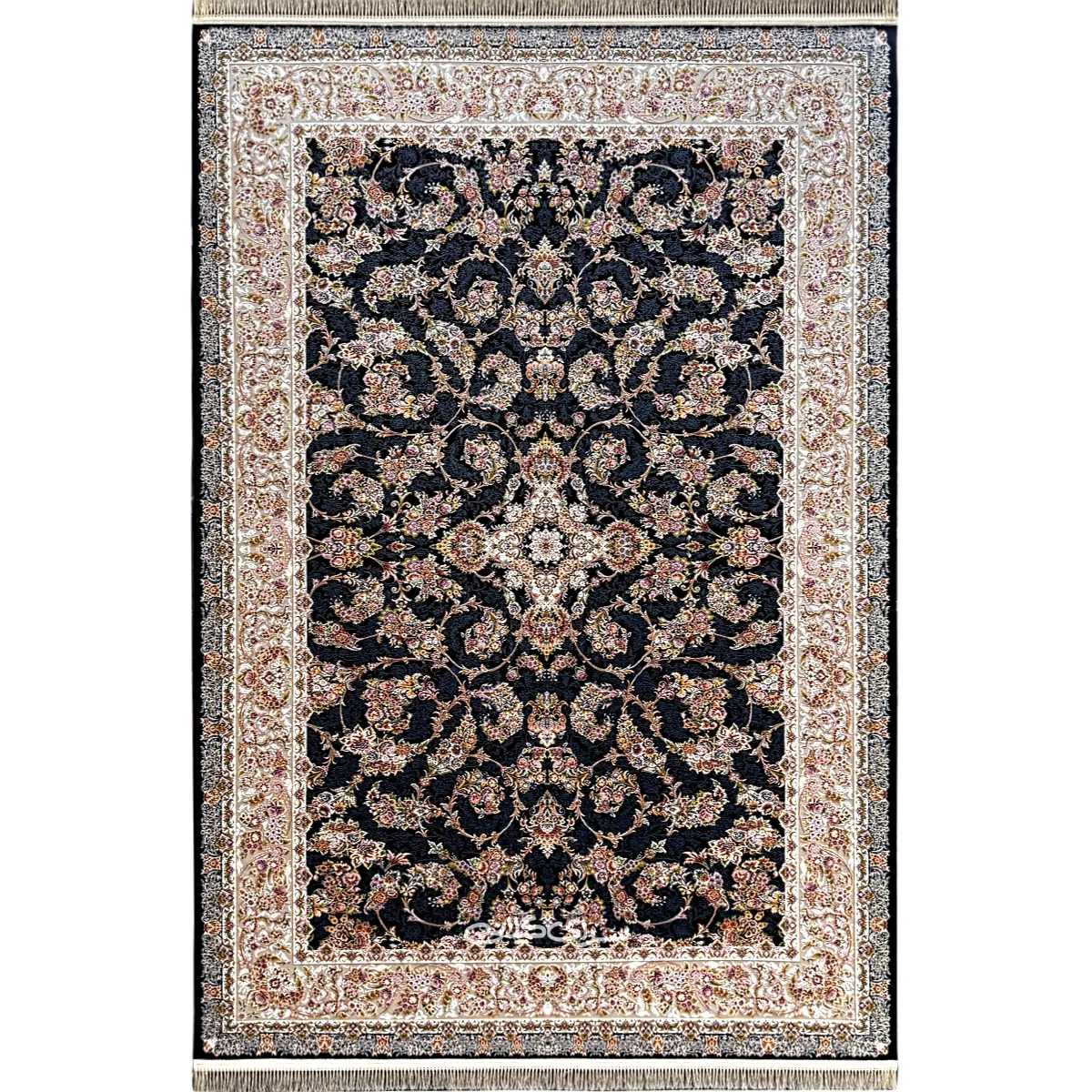 فرش ماشینی افشان سرمه ای نگین ابریشم کویر 1200 شانه تراکم 3600 کد 100291