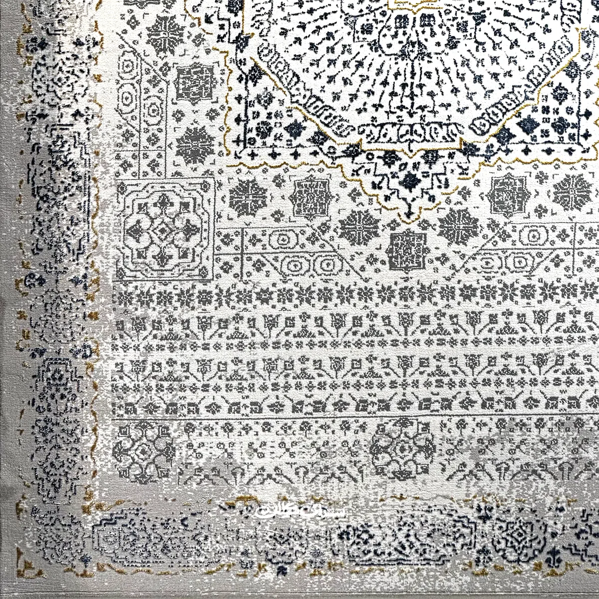 فرش ماشینی مدرن روما طرح سرمه ای کرم قصر 400 شانه تراکم 1600 کد 100360