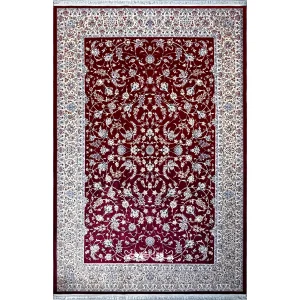 فرش ماشینی ارغوانی نوستالژیا ابریشم بافت 1250 شانه تراکم 4100 کد 100400