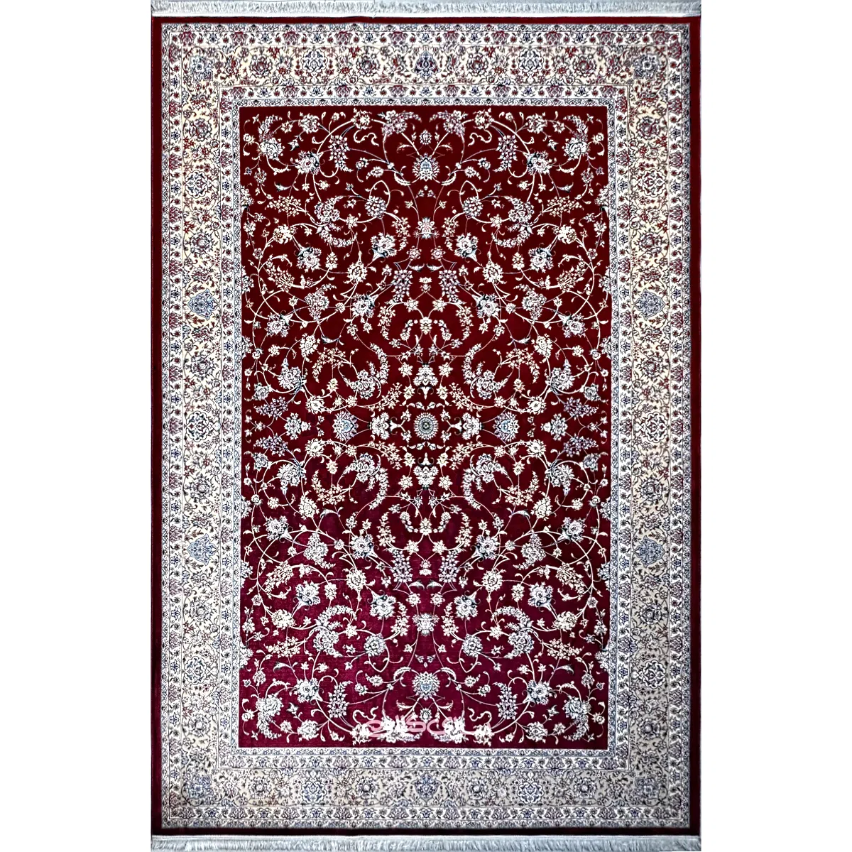 فرش ماشینی ارغوانی نوستالژیا ابریشم بافت 1250 شانه تراکم 4100 کد 100400