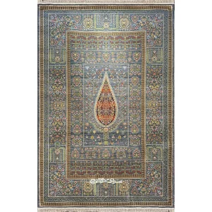 فرش ماشینی ابریشم وینتیج سرمه ای خاطره کاشان 1200 شانه تراکم 3600 کد 100350