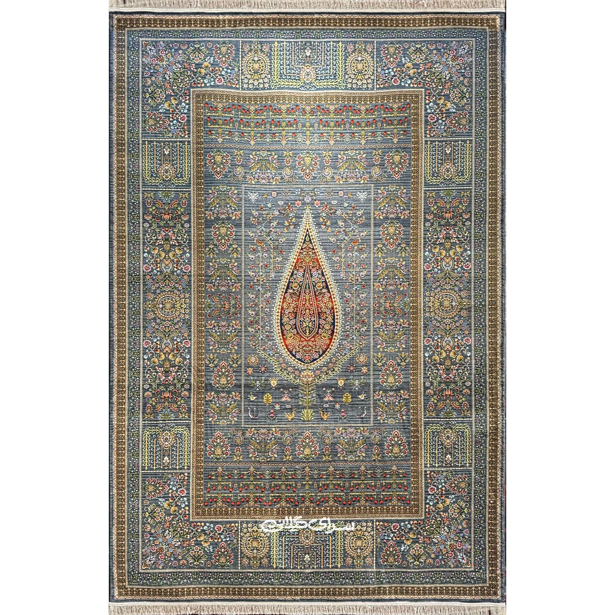 فرش ماشینی ابریشم وینتیج سرمه ای خاطره کاشان 1200 شانه تراکم 3600 کد 100350
