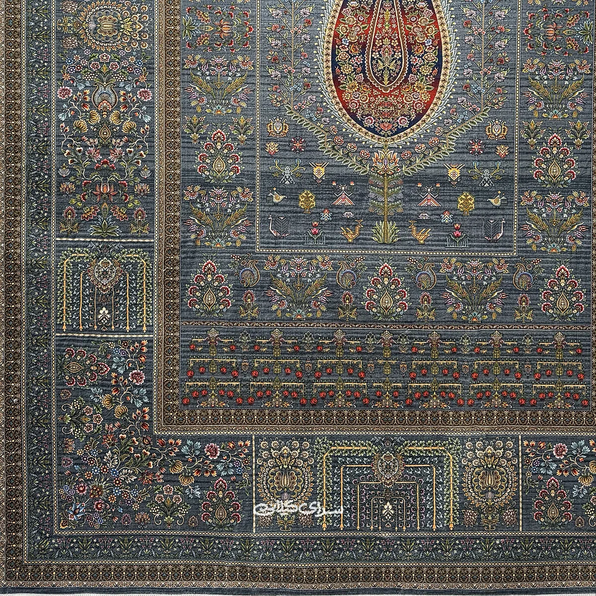 فرش ماشینی ابریشم وینتیج سرمه ای خاطره کاشان 1200 شانه تراکم 3600 کد 100350