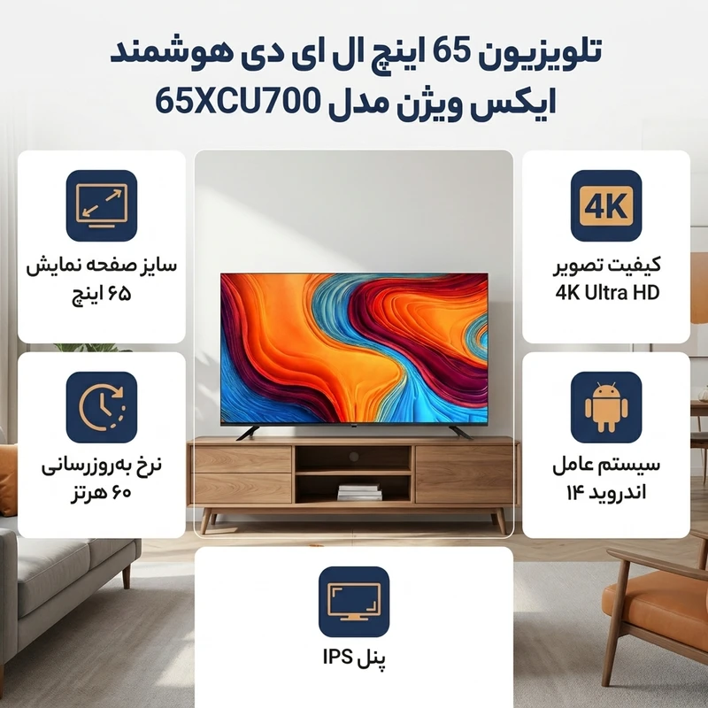 تلویزیون هوشمند 65 اینچ 4K ULTRA HD اندروید 14 ایکس ویژن مدل XCU700